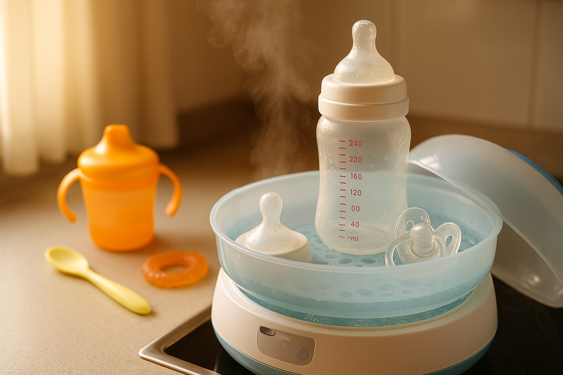 Baby feeding items being sterilized in a steam sterilizer. A baby bottle, pacifier, and bottle nipple sit inside the sterilizer with visible steam rising, while a silicone spoon, orange teether on the side