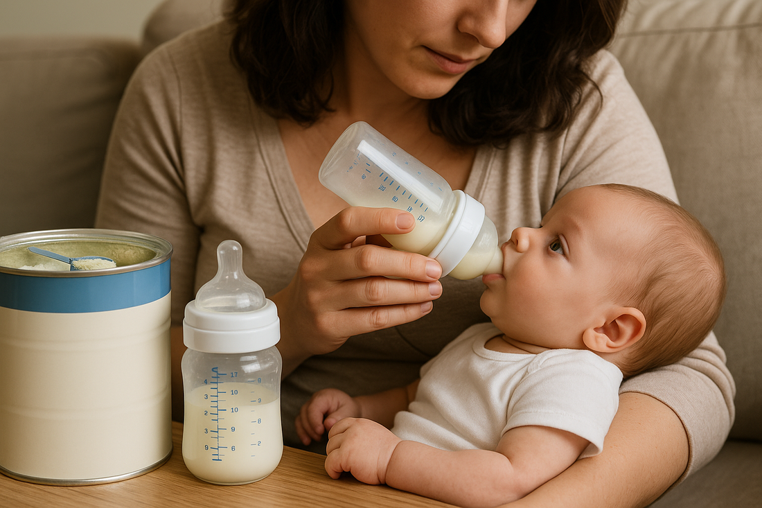 A high-resolution image of a mother sitting on a beige sofa, gently bottle-feeding her infant with formula milk. A can of powdered formula and an extra baby bottle are placed on the wooden table in front, highlighting a calm and nurturing feeding moment.