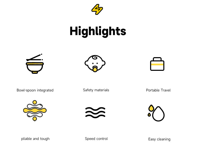Nibbles product feature icons with labels: safety materials, portable travel, pliable and tough, speed control, easy cleaning