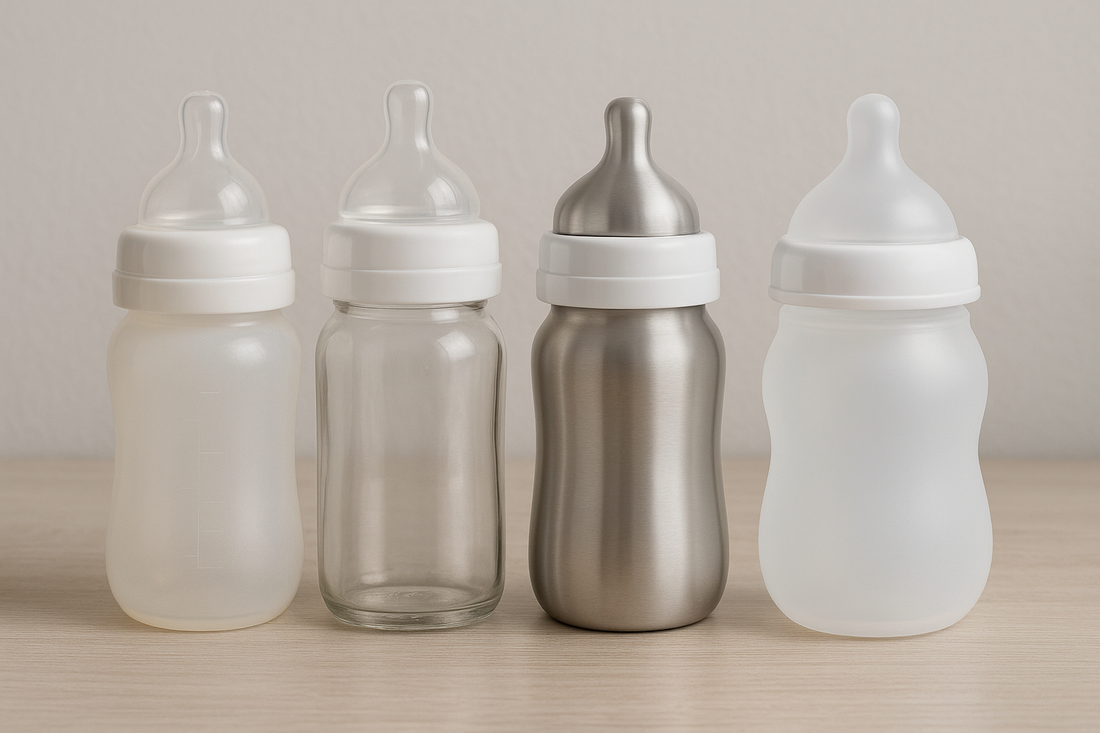 A realistic photograph of four baby bottles made from different materials—plastic, glass, stainless steel, and silicone—lined up on a light wooden surface with a neutral gray background.