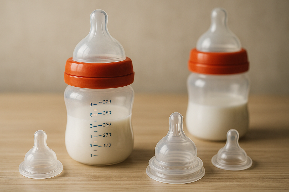 Transparent baby bottles filled with milk, with a orange-red bottle neck screw ring with silicone nipples. Replacement nipples of varying sizes showcasing options for different flow rates.