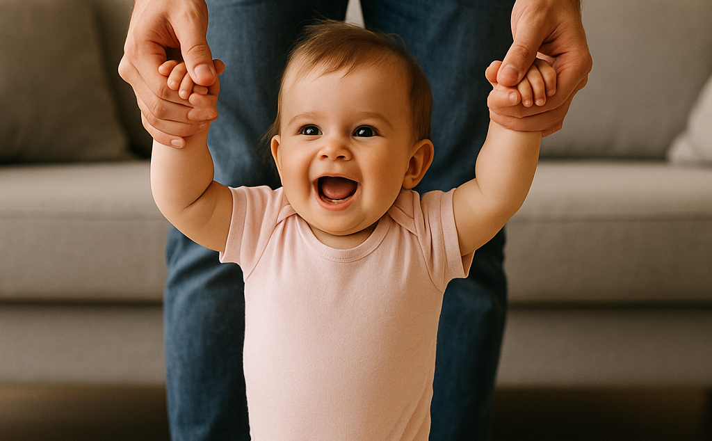 Baby taking first steps holding parent's hands at home in India 2026 - natural walking guide by Nibbles