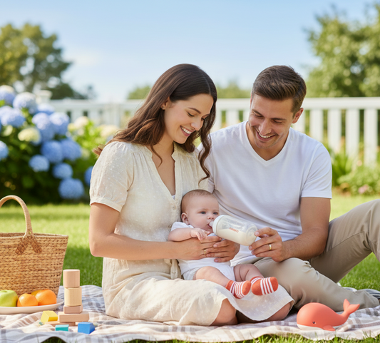 parents enjoys feeding their baby with a silicone based bottle at a park