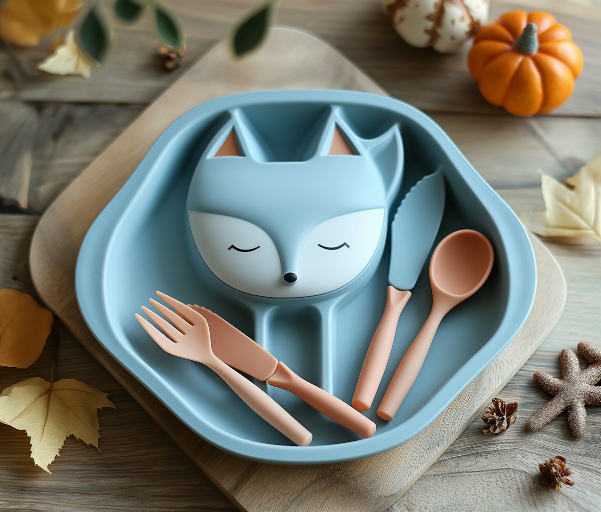 Blue fox-shaped silicone baby plate with matching fork, knife, and spoon