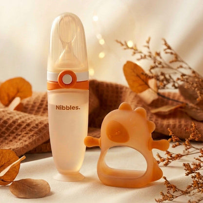 Nibbles silicone spoon feeder and dino teether set on a soft neutral autumn background