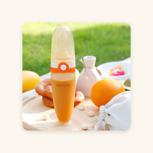 Nibbles silicone baby spoon feeder 120 ml filled with puree, on a picnic board with fruit